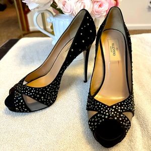 New Valentino Black Satin Rhinestone Mesh Peep Toe Platform Stiletto Pumps 37